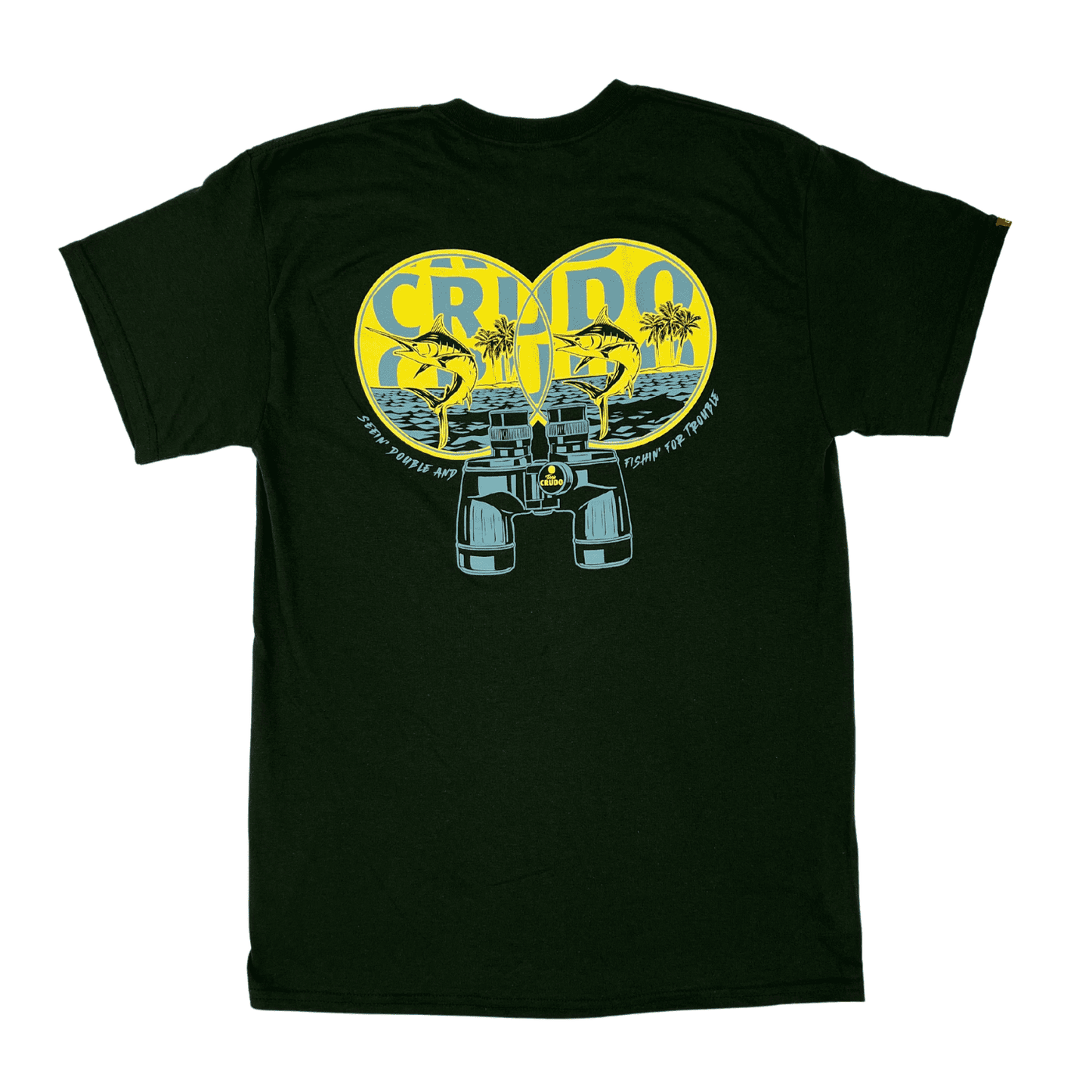 A black t-shirt featuring a printed Crudo logo.