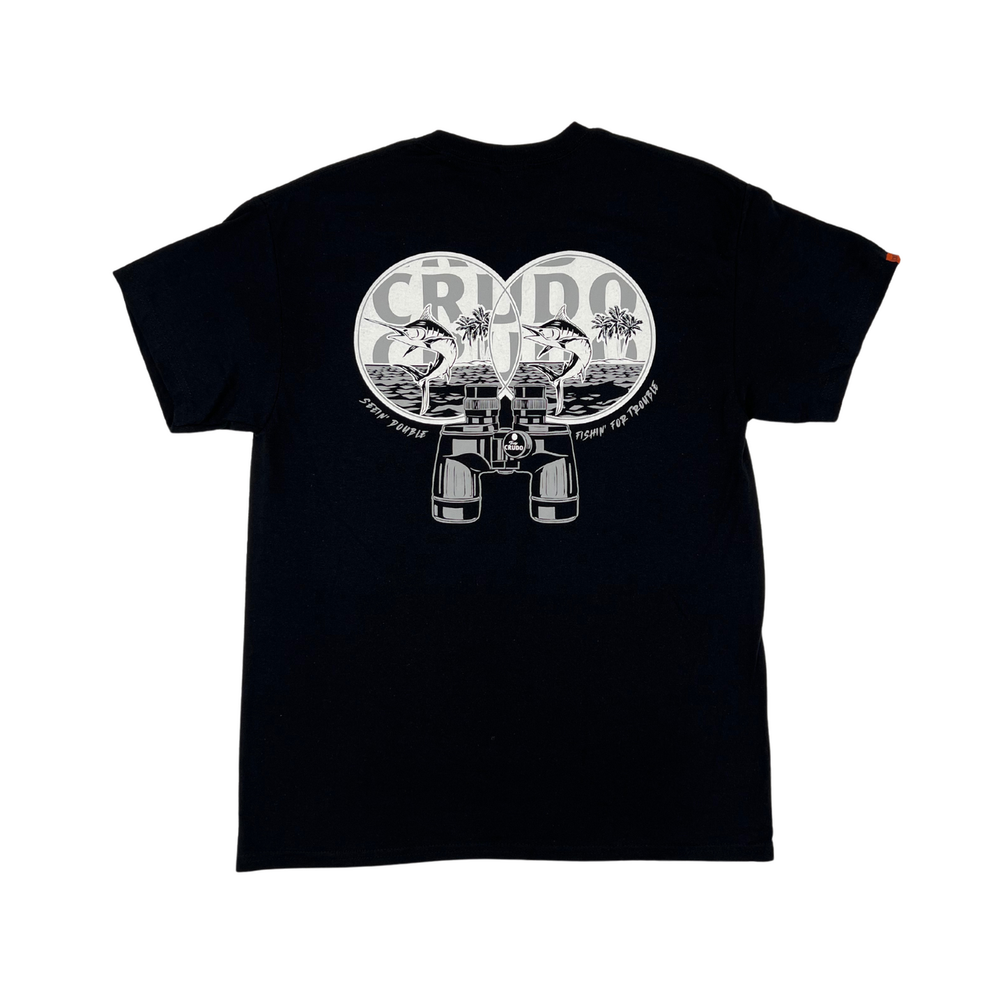 A black t-shirt featuring a printed Crudo logo.