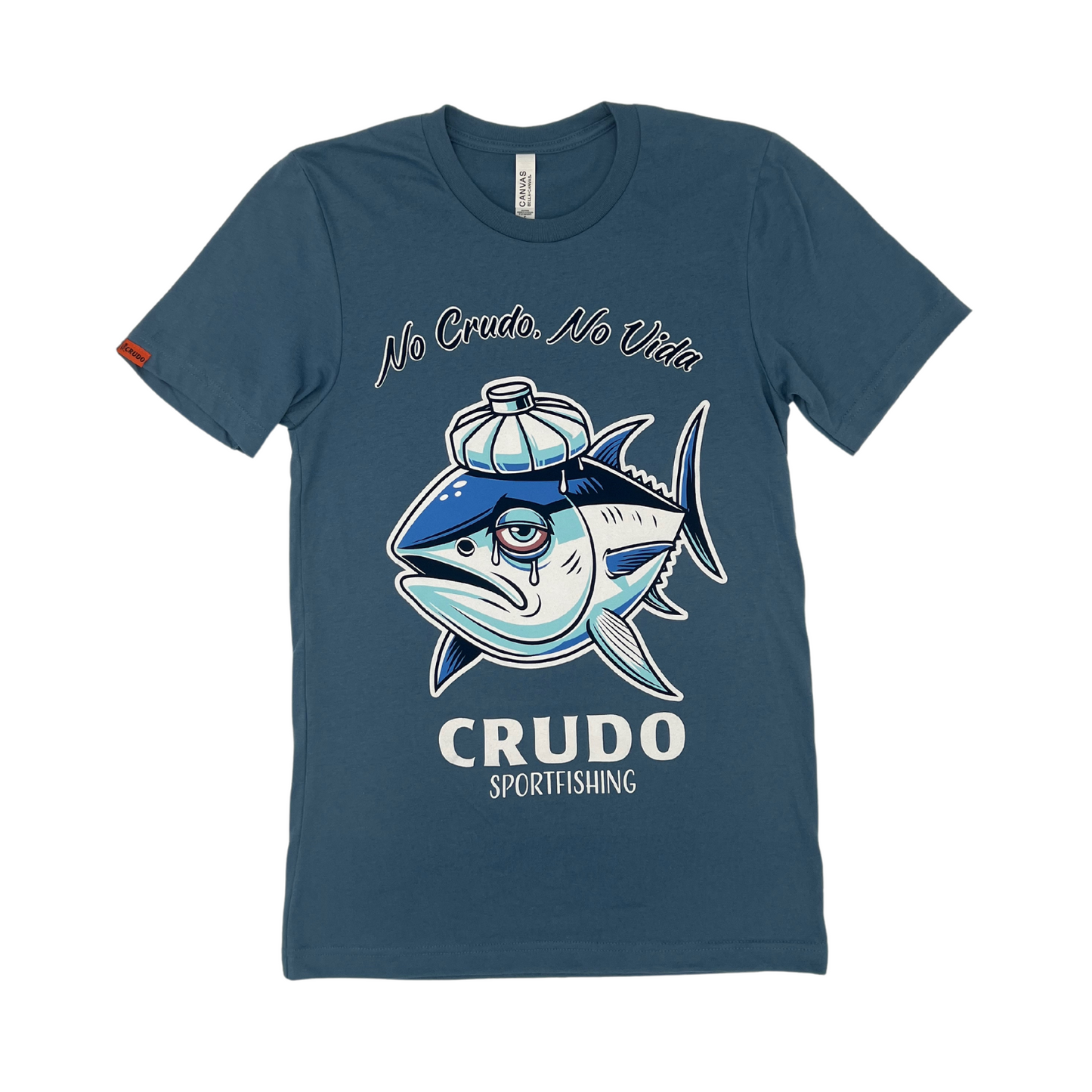 A blue t-shirt adorned with the text "crudo" in a bold font.